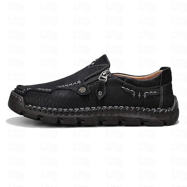 with Leather Brown Men's Side Faux Slip-On Zipper Loafers