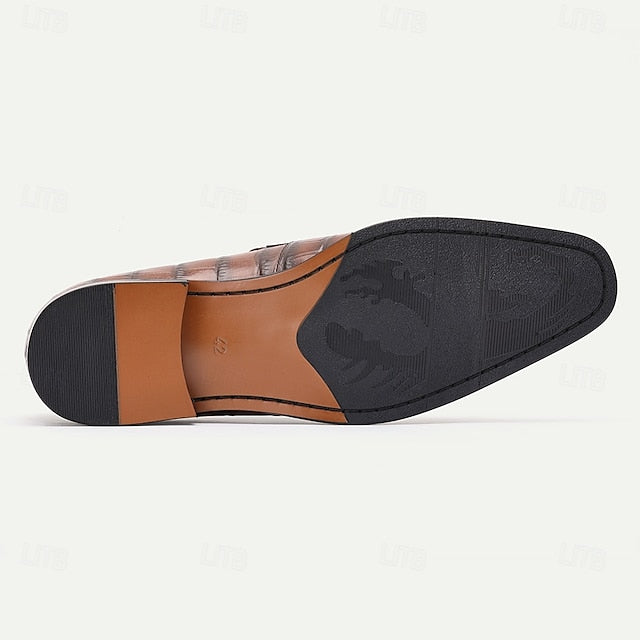 Brown - Men's Dress Leather Shoes Crocodile Pattern Classic