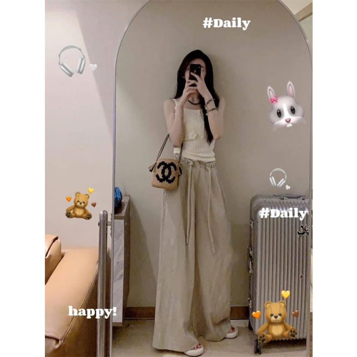 Drawstring Waist Plain Wide Leg Pants