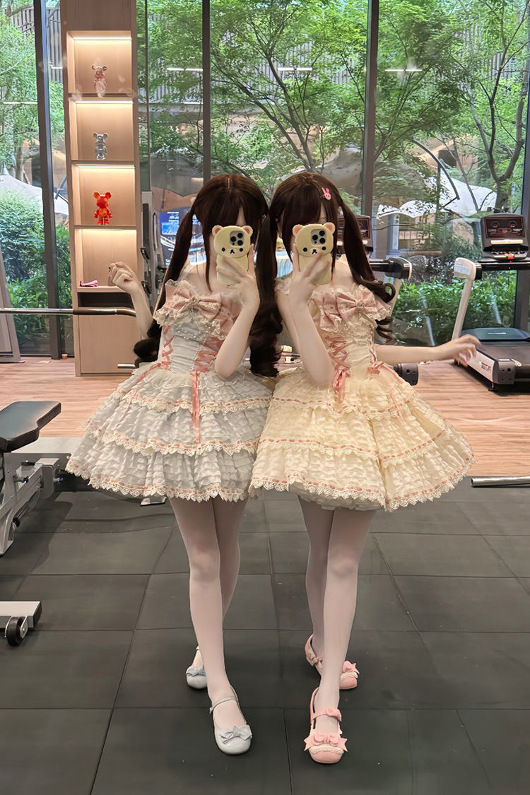 Sweet Lolita JSK Dress with Triple-Layer Bowknot Lace-Up and Apricot Sleeveless Design