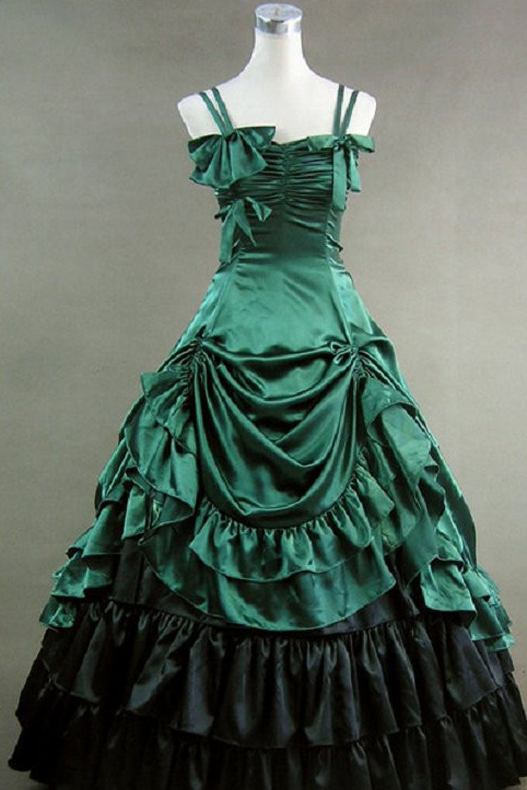 Green Cotton Gothic Lolita Strap Dress Sleeveless Bowknot Multi-Layer - Altfashion Shop