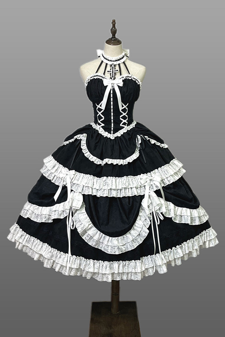 Black Cross Halterneck Lace-Up Gothic Lolita Dress - Princess Ruffled Bowknot