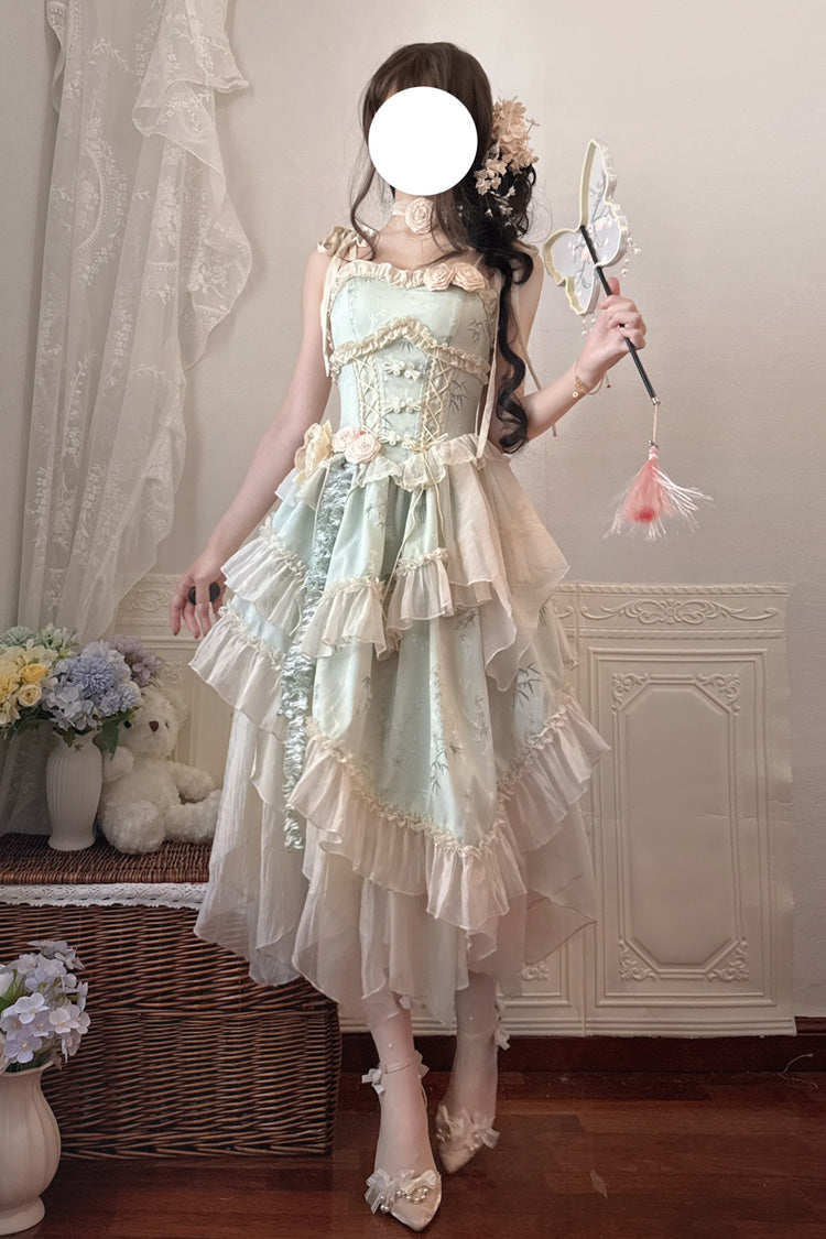 Green Tea Bamboo Song Sleeveless Jacquard Ruffle Bow Lace Chinese Ballet Jsk Dress