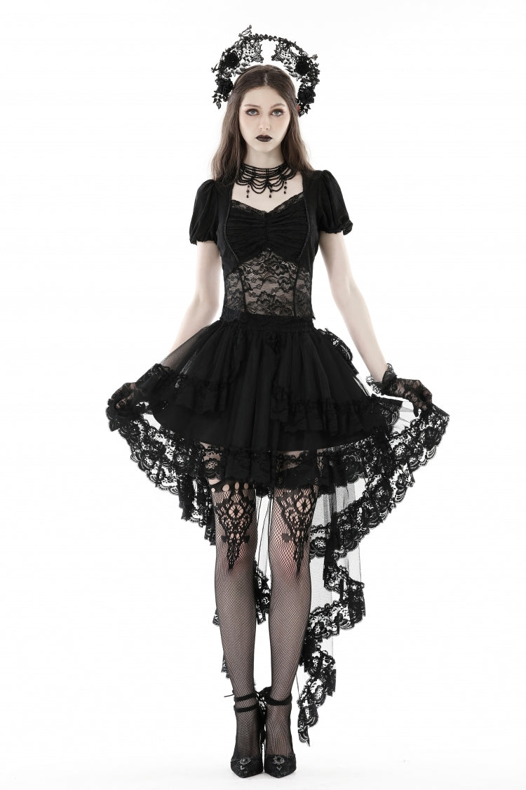 Gothic Swallow Tail Skirt with Irregular Lace Ruffles, Black