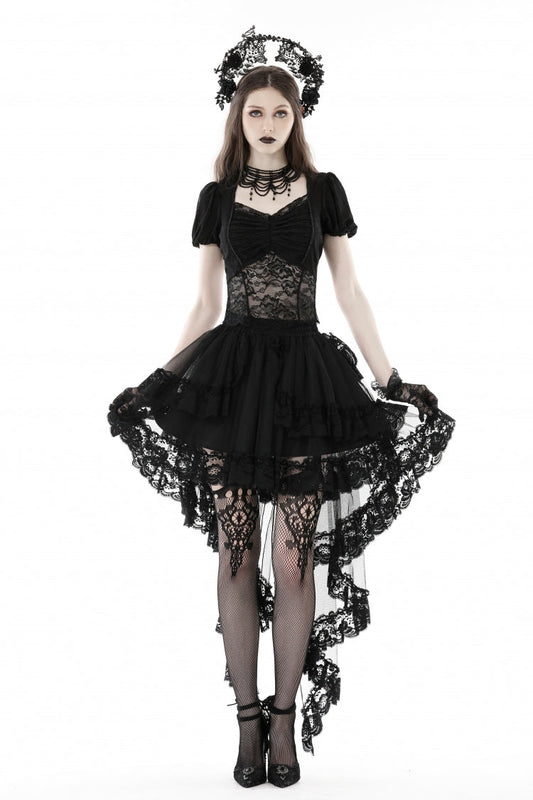 Gothic Swallow Tail Skirt with Irregular Lace Ruffles, Black