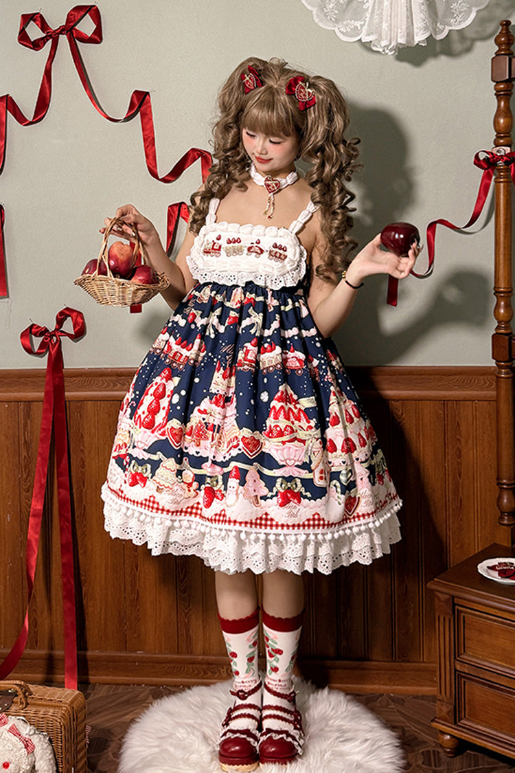 Mint Strawberry Dessert Printed High-Waisted Sweet Lolita JSK Dress - Ruffled