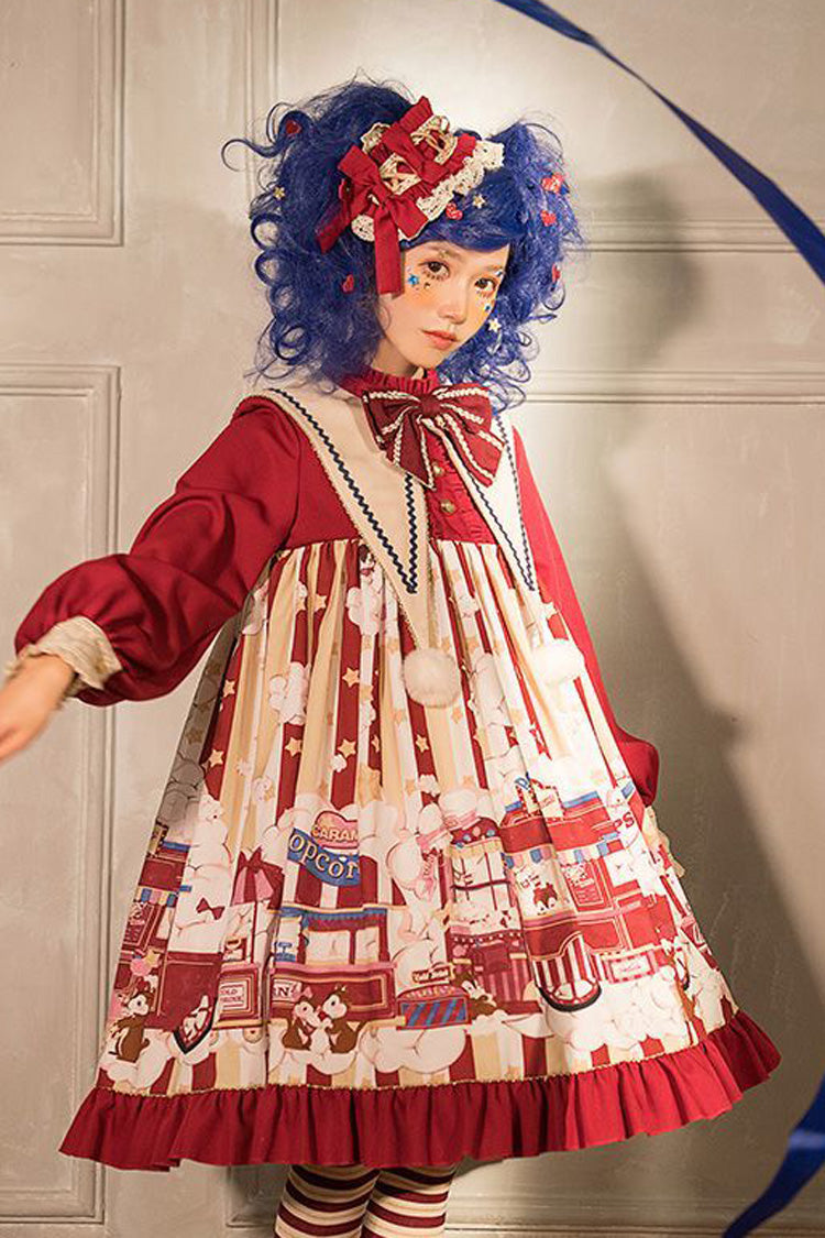 Crimson Lapel Bow Lantern Sleeve Popcorn Print Lolita OP Dress