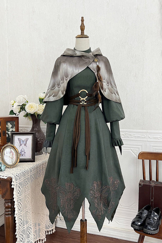 Emerald Stand-Collar Long-Sleeve Embroidered Ruffled Vintage Lolita Ensemble