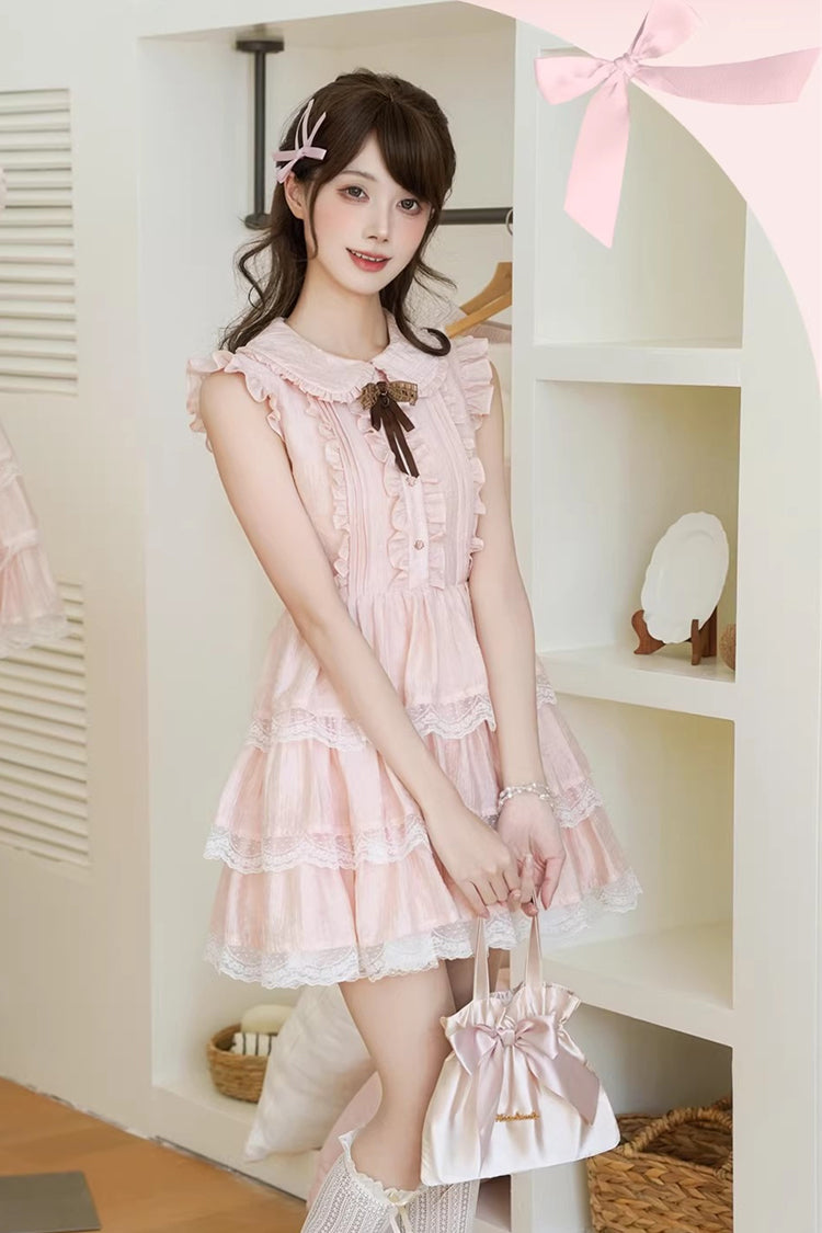 Pink Triple-Ruffle Lace Dress with Bow Accent