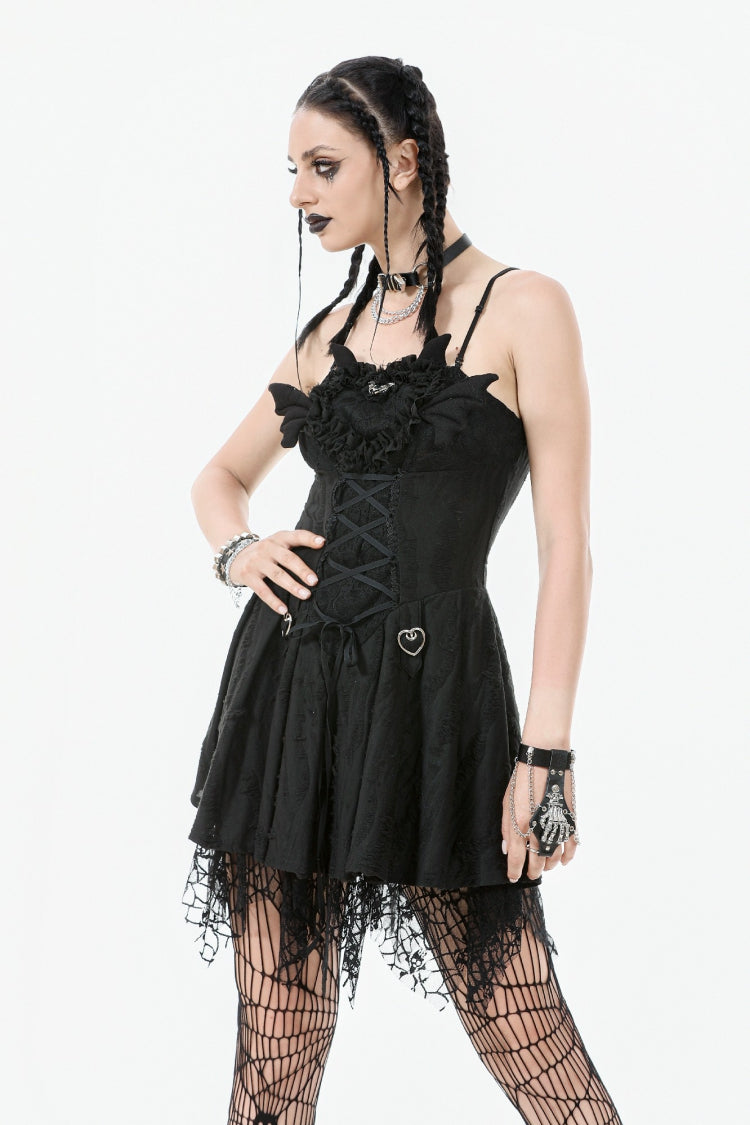 Sleeveless Lace Lace-Up Pleated Gothic Dark Demon Slip Dress