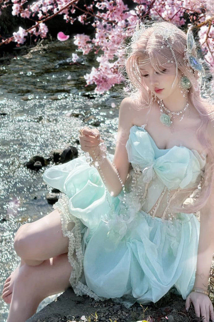 Emerald Fairy Sleeveless Ribbon Pearl Fishbone Sweet Bud Gown