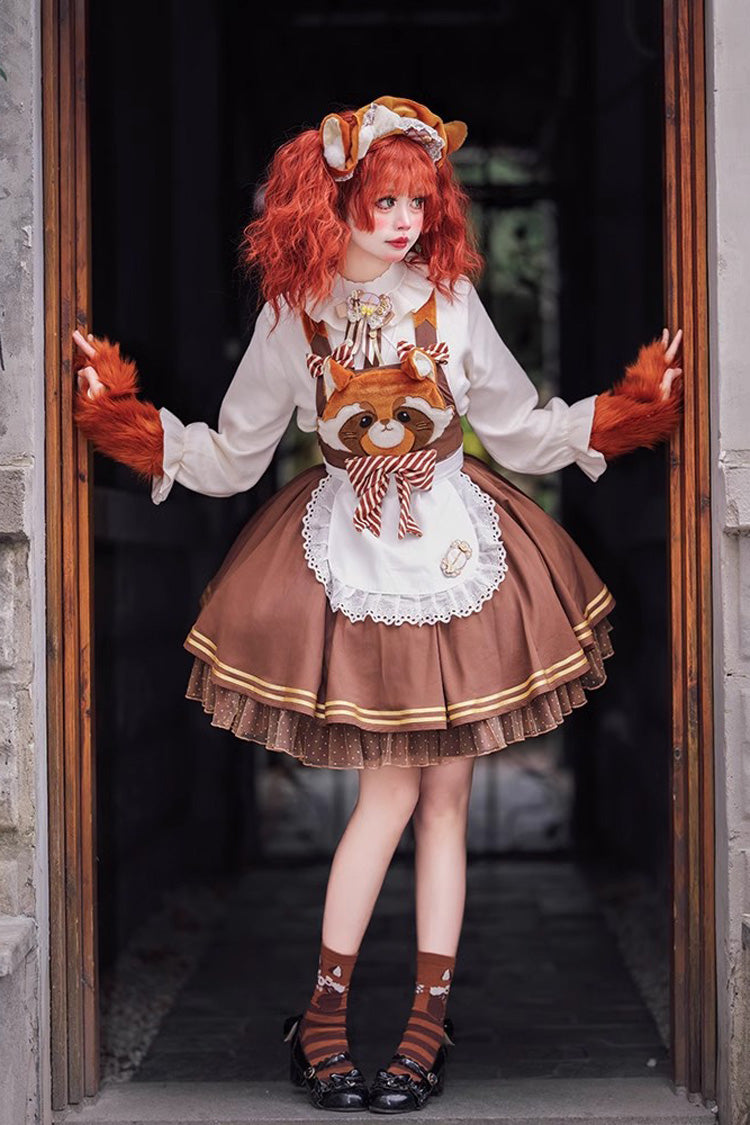 Brown Sweet Lolita Strap Dress Bowknot Ruffled Raccoon Print