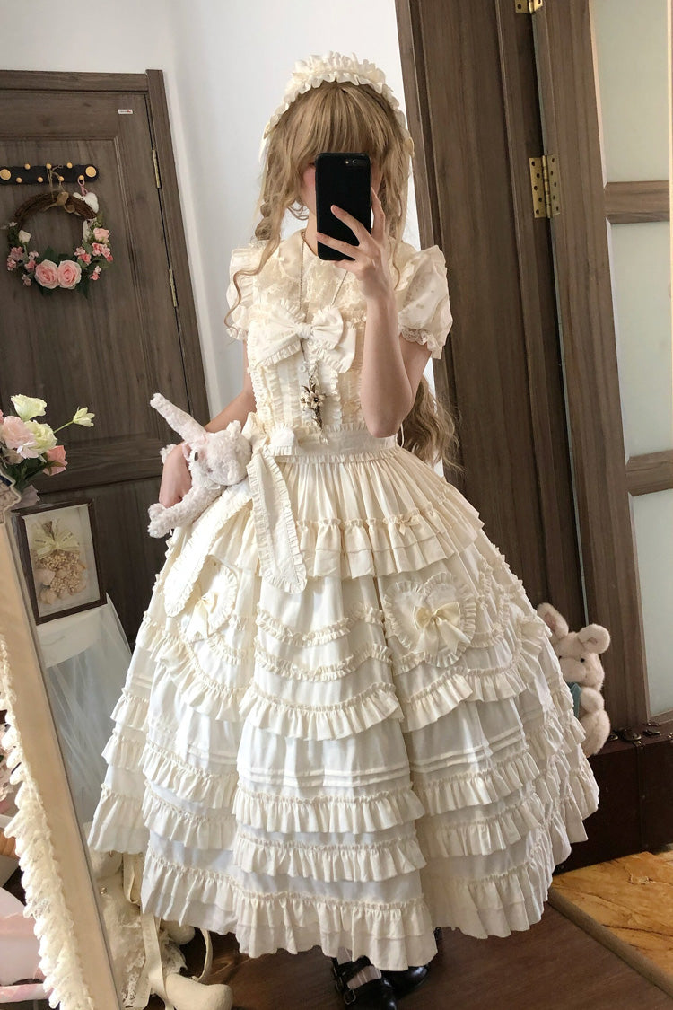 Apricot Sweet Lolita JSK Dress with Multi-Layer Ruffles and Bow Accents