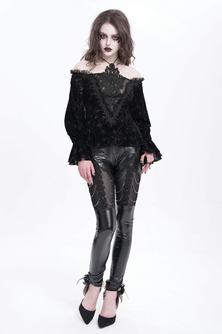 Gothic Pants with Faux Leather Stitching Lace and Chain