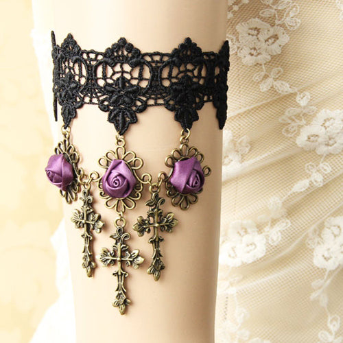 Gothic Lolita Retro Wedding Purple Rose Cross Black Lace Armband Bracelet