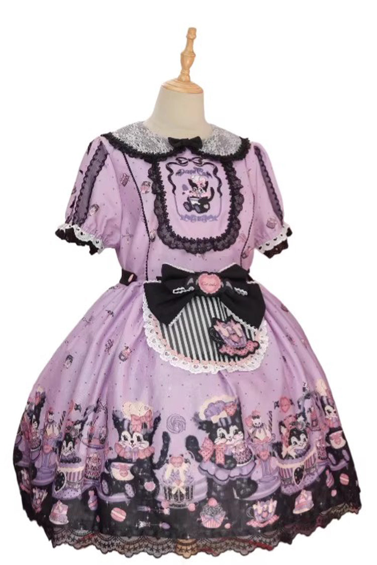 Devil Cat Violet Print Ruffle Bowknot Lace Gothic OP Dress Plus Size - Devil Cat