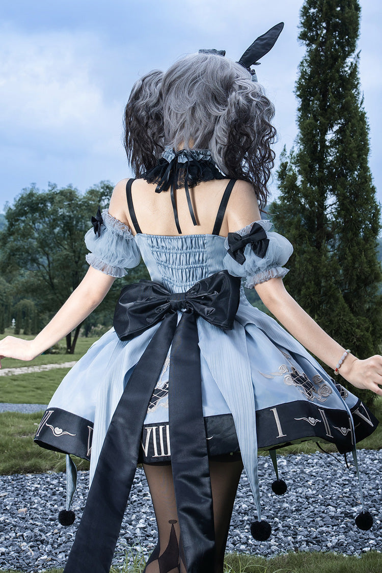 Blue Sleeveless Gothic Lolita JSK Dress Jacquard Ruffled Lace-Up - The Clock Rabbit's Card Game