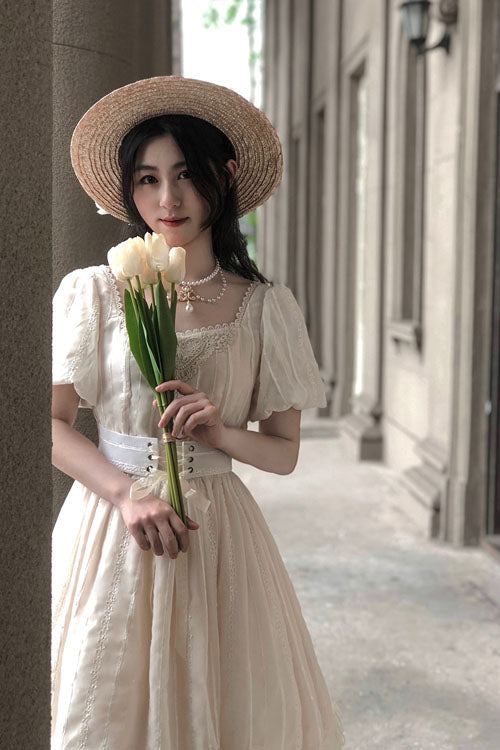 Vintage Lolita OP Dress with Tulip Collar, Lantern Sleeves, Ruffles