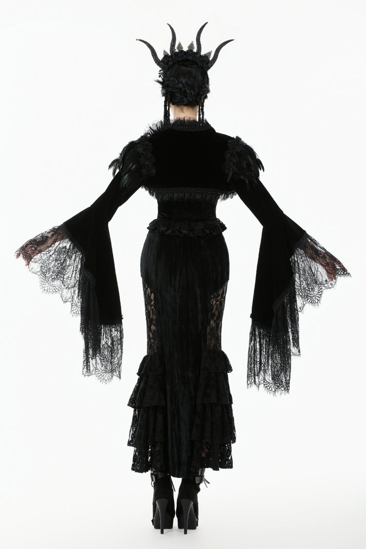 Spliced Velvet Long Flared Sleeve Floral Feather Gothic Cape for Women Lace
