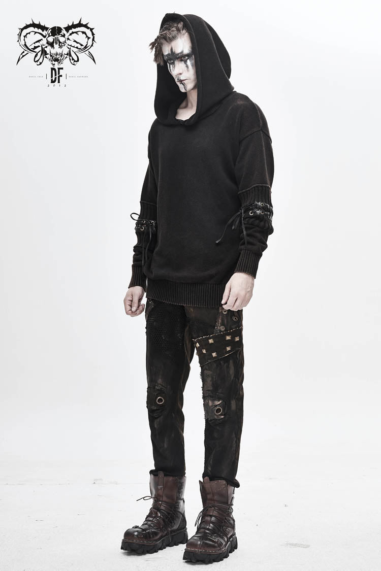 Worn-Out Elbow Leather Strip Lace-Up Hooded Coarse Knit Punk Sweater