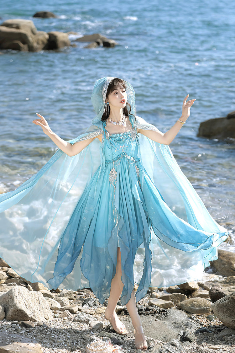 Gradient Print Irregular Hooded Sweet Lolita Jumper Dress Cloak Set - Blue