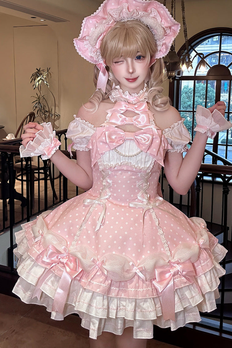 Pink Halter Polka Dot Bow Lace-Up Lolita Gown