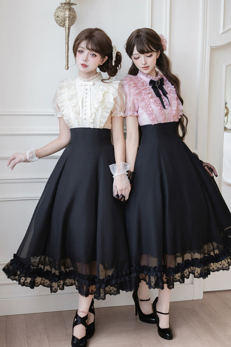 Miss Lola Snow Kiss Stand Collar Short Puff Sleeves Ruffled Color-Blocked Faux Two-Piece Sweet Lolita Long Dress 3 Colors - Black