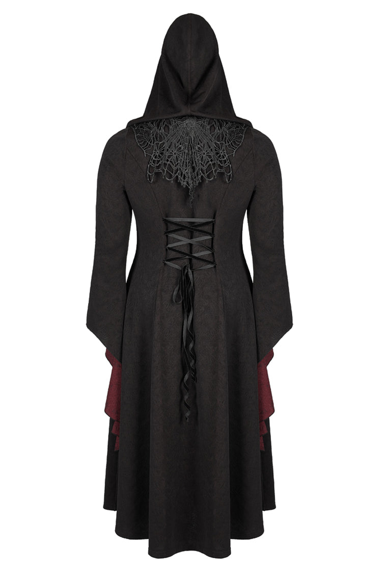 Crimson & Noir Knitted Witch Rose Patterned Gothic Overcoat with Oversized Hood