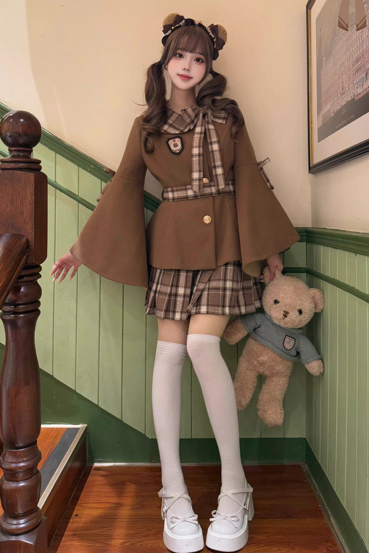 Chestnut Sea Salt Long Trumpet Sleeve Printed Bow Sweet Elegant Lolita Skirt Coat - Multi-Color
