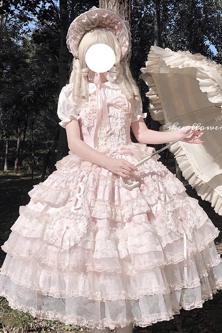 Pink Multi-Layered Ruffled Hanayome Embroidered Bow Lace Sweet JSK - Sweetheart Diary