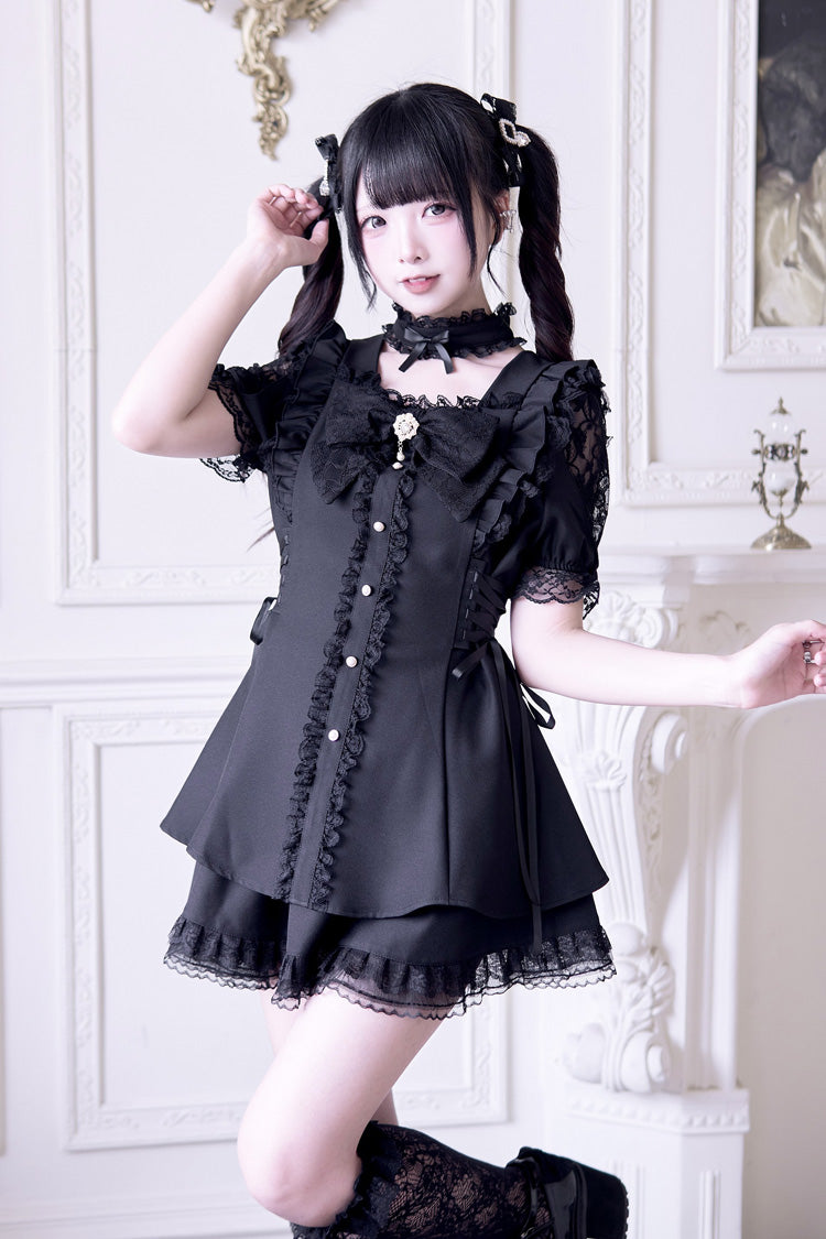 Black Waltz Short Sleeve Ruffle Bow Gothic Jirai Kei Dress Set