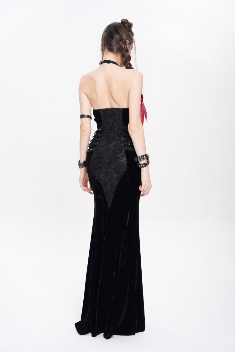 Edgy Black Chain-Strap Sleeveless Rivet Halter Punk Dress