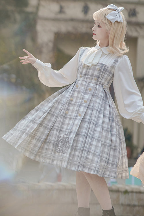 Detective-Inspired Double-Breasted Embroidered Plaid Sweet OP Gown