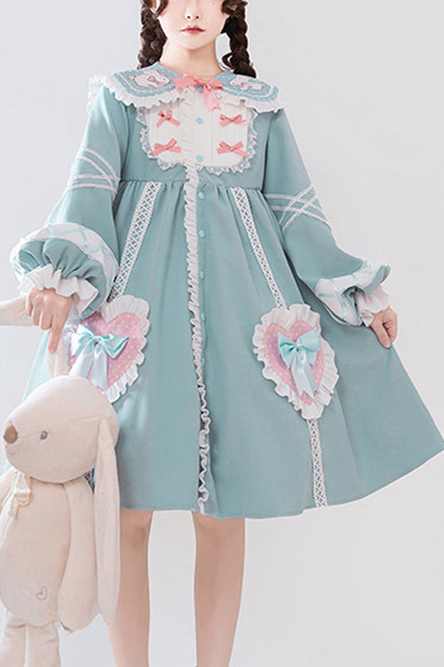 Cobalt Rabbit Lapel Lantern Sleeve Love-Embroidered Sweet Lolita Dress