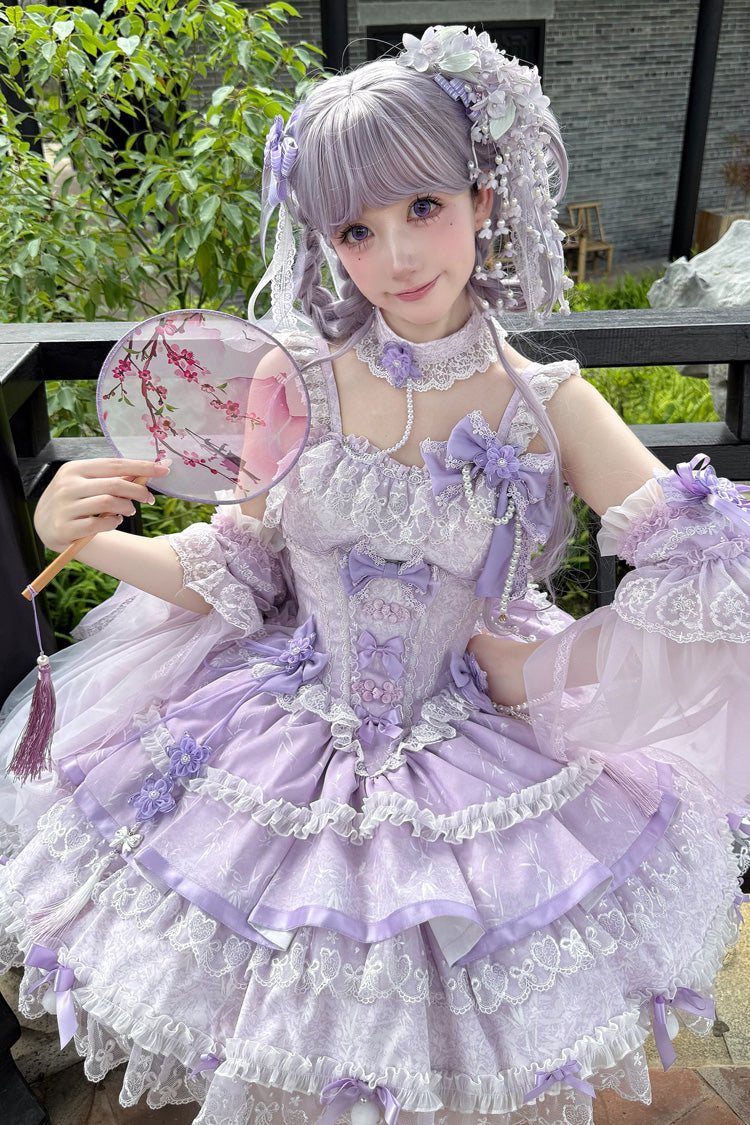 Violet Cherry Prelude Square Collar Sleeveless Jacquard Ruffled Bow Pearl Lace JSK