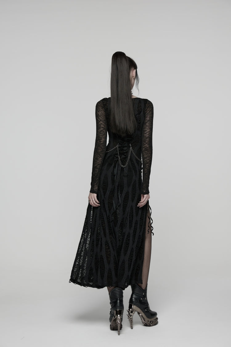 Dark Crewneck Long-Sleeve Cutout Lace-Up Slim Chain-Decorated Eyelet Punk Dress for Women