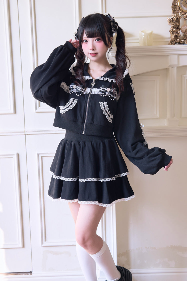 Hooded Bow Lace Hoodie & Skirt - Jirai Kei Set