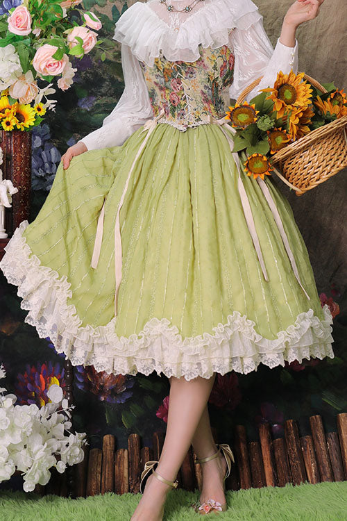 Green Tulip Multi-Layer Ruffled Classic Lolita Skirt Dress - Altfashion Shop