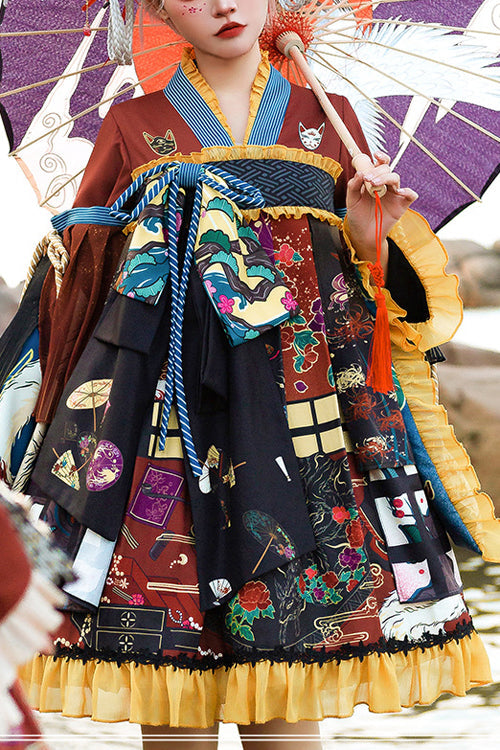 Multicolor OP Dress - Japanese Fox Trick Print Sweet Lolita