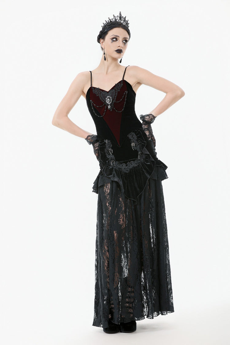Gothic Velvet Long Skirt with Lace and Lace-Up, Black