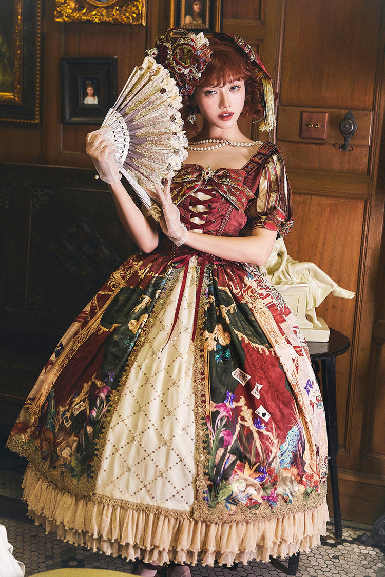 Red Kaleidoscope of Dreams Double-Layer Print Embroidery Bow Lace-Up Classic Vintage Gorgeous Lolita