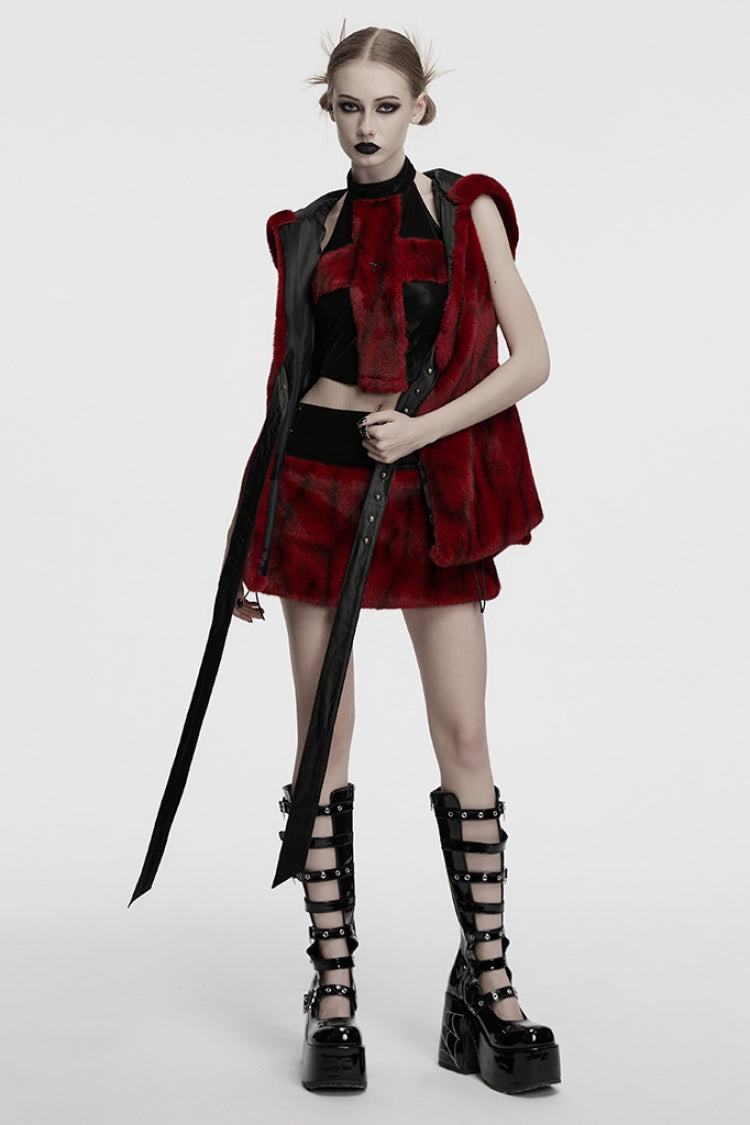 Crimson & Noir Faux Fur & Leather Lace-Up Punk Skirt for Women