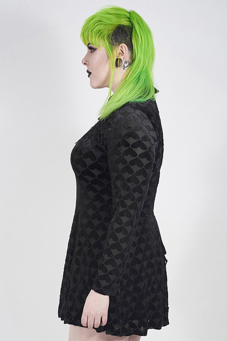 Front Chest Hollow-Out Decals Long Sleeve Back Waist Lace-Up Plus Size Velvet Print Gothic Dress