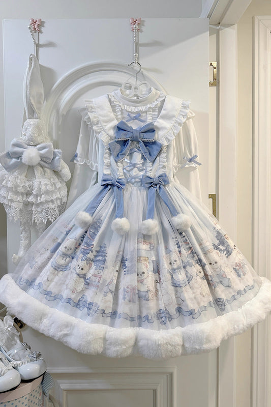 White Winter Fluffy Bea Sleeveless Print Bowknot Sweet Lolita Jsk Dress