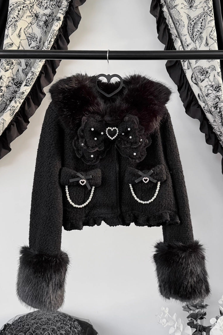 Black Bow-Trimmed Wool-Blend Gothic Jirai Kei Short Jacket