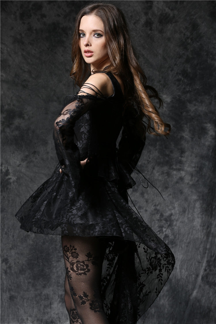 Square Collar Long Sleeves Overlay Embroidered Lace Gothic Dress