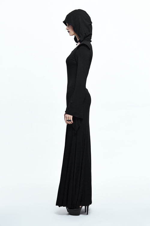 Hooded Knit Dress with Flared Sleeves and Fishtail Hem