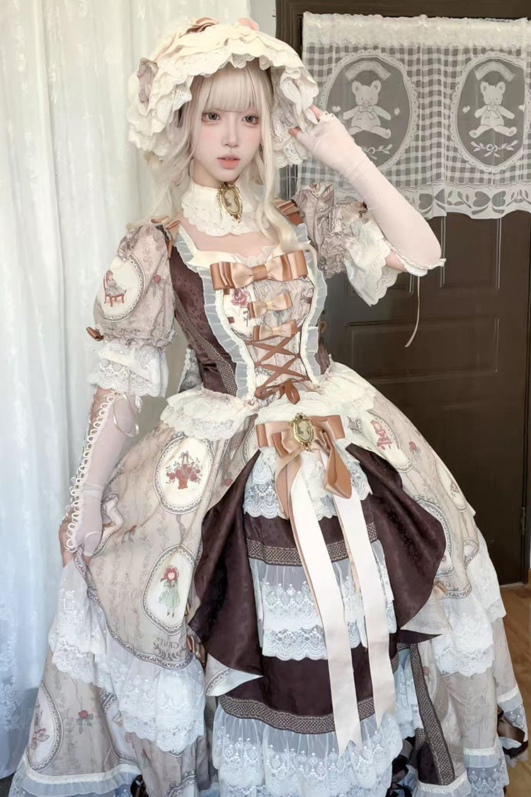 Baker Street Tea Party Short Sleeve High Waist Print Ruffle Embroidery Cardigan Bow Lace-Up Vintage Princess