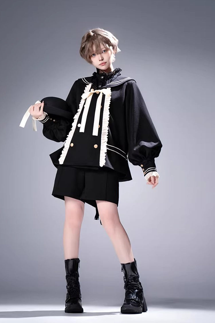 Navy-Collar Long-Sleeve Prince Ouji Short Coat Set in Black