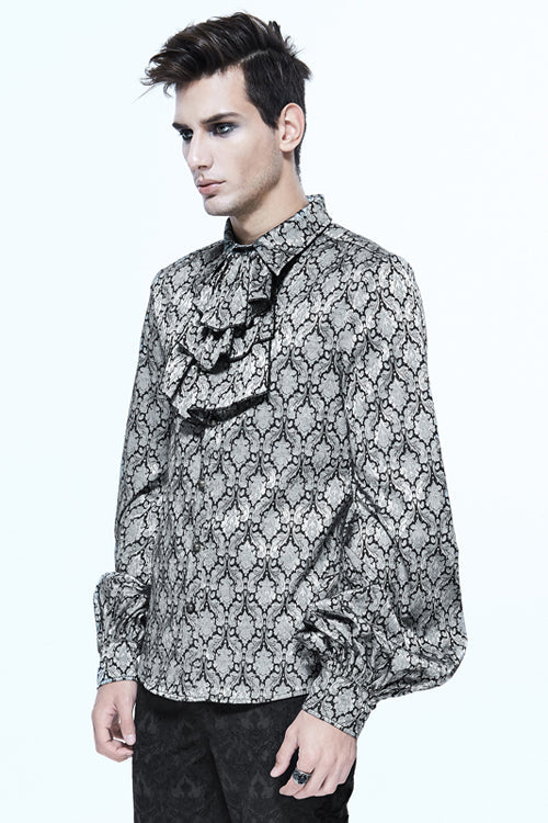 Gothic Mens Blouse with Lantern Sleeves and Jacquard Print